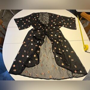 Victoria’s Secret M/L black sheer belted kimono robe embroidered orange